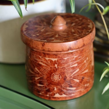 Vintage Pier 1 Handcrafted Canister – Burnished Floral Jar with Lid – Terracotta Clay Cookie Jar – 7” Tall 