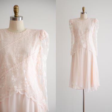 pink lace dress 80s vintage pastel pink chiffon midi dress 