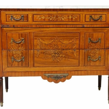 Antique Louis XVI Neoclassical Gilt Bronze Mounted Tulipwood Kingwood Marquetry Inlaid Chest of Drawers Commode Bedroom Dresser 