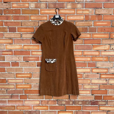 vintage 60s/70s brown mod cheetah trim cotton velvet shift dress / s small 