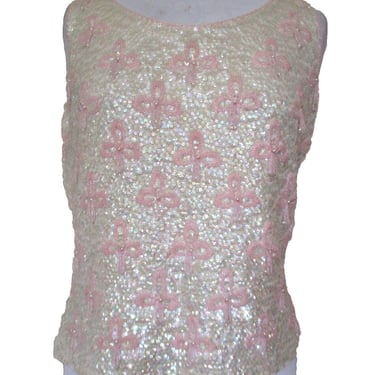 Vintage 1950s Sequin Knit Top, M/L Women, Sleeveless, Retro, Cream Wool Pink Beads 