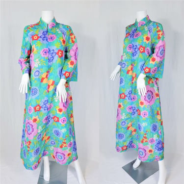 Stella Fagin 1970's Turquoise Floral Print Catan Lounge Wear Robe Dress I Sz Med I I Magnin 