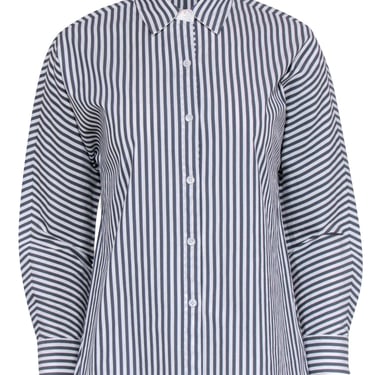 Lafayette 148 - White & Grey Striped Cropped Sleeve Button-Up Sz S