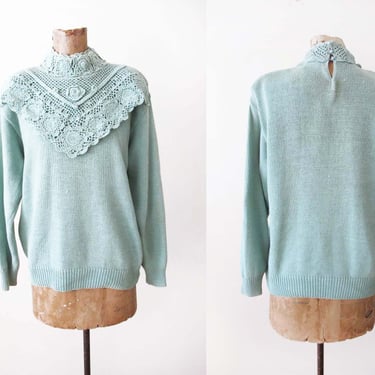 Vintage 80s Mint Green Crochet Sweater M - 1980s Sage Green High Neck Ruffle Frilly Bib Top - Victorian Cottagecore Romantic Lolita Sweater 
