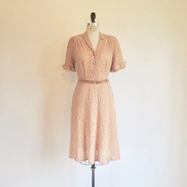 1940's Tan Brown Lace Day Dress Shirtwaist Style Rhinestone Buttons and Belt Buckle Fit and Flare WW2 Era Francis Dexter 32" Waist Medium 