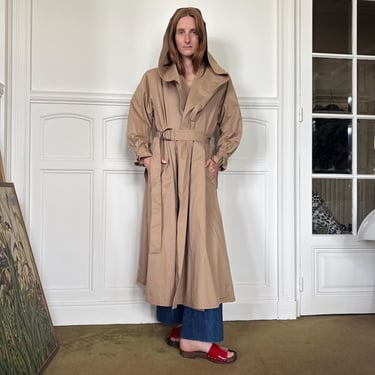 1970s Yves Saint Laurent Rive Gauche hooded beige trench coat, belted / small - medium 