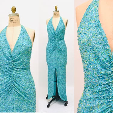 Vintage 00s Y2K Silk Bias Cut Dress Small Medium Blue Teal Silk Beaded Sequin Bias Cut Dress Evening Beach Wedding Gown Mermaid Prom Dress 