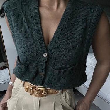 vintage designer linen cotton knit gilet vest waistcoat sleeveless top 