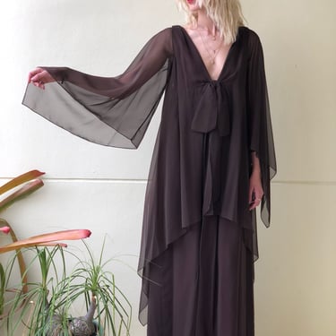 Vintage 60s Maxi Gown / Helga  / Chiffon Brown Maxi Dress / Ethereal Haute Hippie Gown / Bridal Party / Witchy Woman / Sheer Rayon Chiffon 