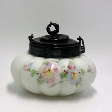 vintage MT Washington art glass melon biscuit jar hand painted with silverplate handle and lid 