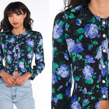 Floral Crop Top 80s 90s Blouse Black Embossed Pearl Button Up Shirt Boho 80s Top Vintage 1990s Long Sleeve Shirt Blue Extra Small xs 