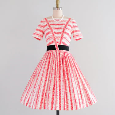 Darling 1950's Red &amp; White Striped Cotton Day Dress / Sz XS