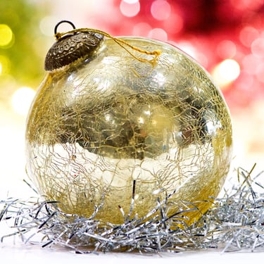 VINTAGE: 3.5" Heavy Thick Mercury Crackled Glass Ornament - Gold Color - Kugel Style Christmas Ornaments - SKU Tub-28- 
