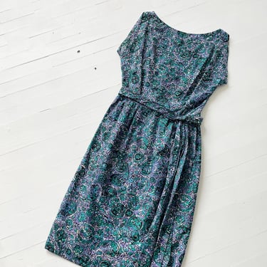 1950s Rhinestone Printed Cotton Wiggle Dress 