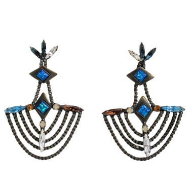 Lionette - Bronze Chain Link Dangle Statement Earrings w/ Multicolored Gems