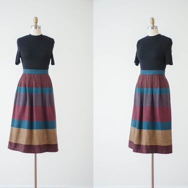 striped wool skirt | 70s 80s vintage burgundy blue mustard yellow a-line light dark academia knee length skirt 
