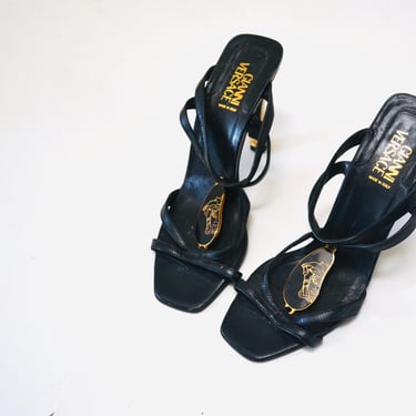 Versace 90s Vintage Gianni Versace Black High Heels 35 5 Medusa Black Leather High Heel Sandals Versace LOGO Made in Italy 90s Designer 