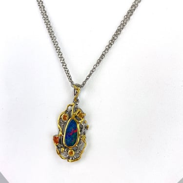 Artisan Freeform Fiery Doublet Opal Sapphire Sterling Silver Pendant Necklace 18