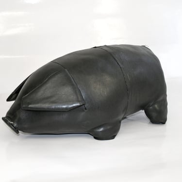 Black Vegan Leather Vintage Therapeutic Stuffed Pig Toy Retro Modernist Bauhaus Foot Stool Pouf Loft Accent Pillow Studio Footstool Piglet 