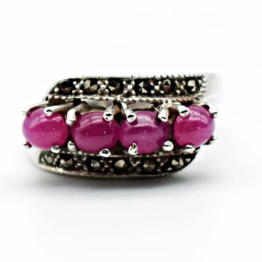 80's pink sapphire marcasite sterling size 6.25 cocktail ring, 925 silver pyrite oval cabs swoop ring 