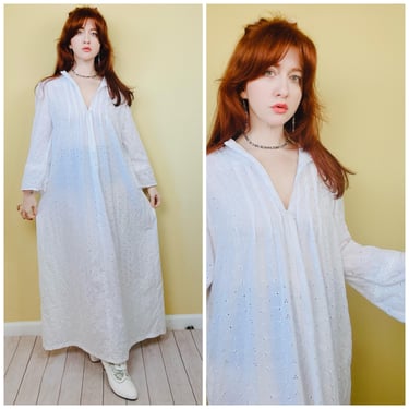 1980s Vintage Cotton White Eyelet Maxi Dress / 80s Semi Sheer Zip Front Flared Sleeve Bohemian Gown / Large 