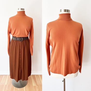 SIZE XL / 1X 1970s Clay Orange Ribbed Turtleneck Pullover - Cotton Ribbed 70s Knit Sweater - Long Sleeve Ribbed Turtleneck Plus Size Vintage 