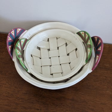 Rina Peleg Set of 2 Woven Basket Pottery Bowls with Colorful Handles 