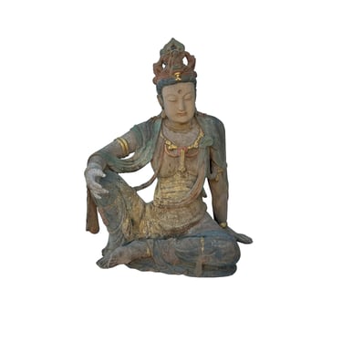Vintage Chinese Raw Wood Rest Leg Bodhisattva Guan Yin Statue ws3588E 