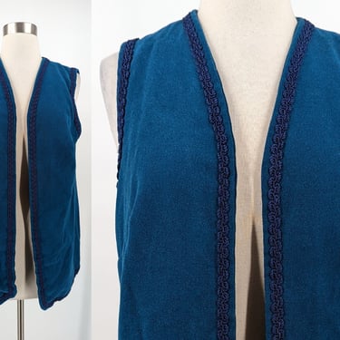 Vintage Seventies Blue Folk Hippie Vest - 70s Medium Long Open Front Vest with Corded Trim 