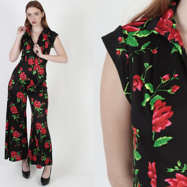 Disco Roller Skate Style Jumpsuit, 70's Black Roses Lounge Bell Bottoms, Vintage 1970's All Over Floral Print Womens Playsuit 