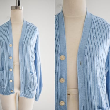 1970s Light Blue Cable Knit Cardigan Sweater 