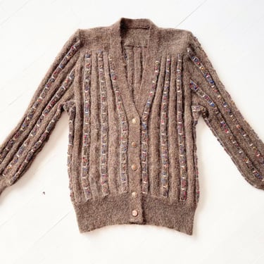 Vintage Brown Mohair Cardigan with Rainbow Speckles 