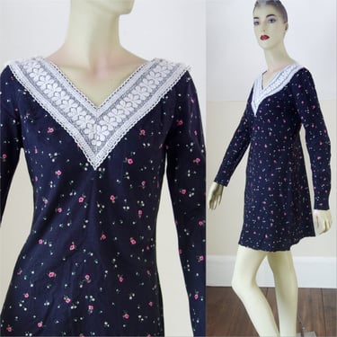 60s long sleeve dress size XS or S, black ditsy floral dress vintage cottagecore dolly mini by Princess Ka’iulani Fashions Carol & Mary 