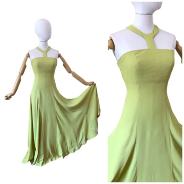 70s Chartreuse Green Crepe Maxi Dress / 1970s Vintage Full Skirt Evening Gown / Small / Size 2 