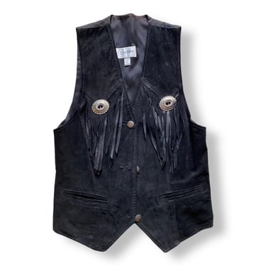 Vintage Black Suede Vest Western Style with Fringe and Silver Buttons Women’s L 