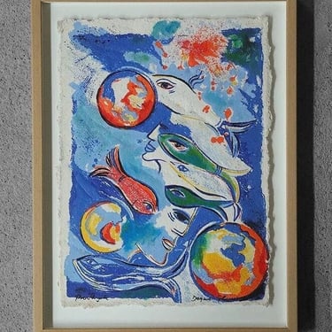 Dagmar Glemme, Composition with fish and faces, Color Lithograph, Framed 