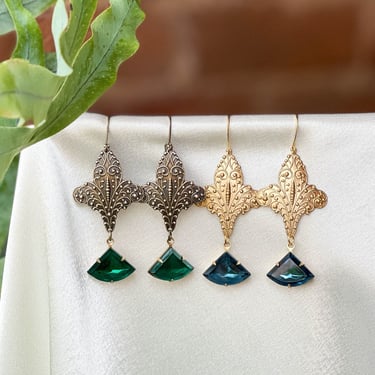 gold Victorian earrings, long gold filigree dangle statement earrings, crystal drop earrings, blue green crystal jewelry, gift for her 