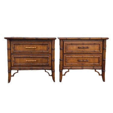 Dixie Aloha Nightstands - Set of 2 Vintage Faux Bamboo Fretwork Hollywood Regency Coastal Chinoiserie Brown Wood Furniture 