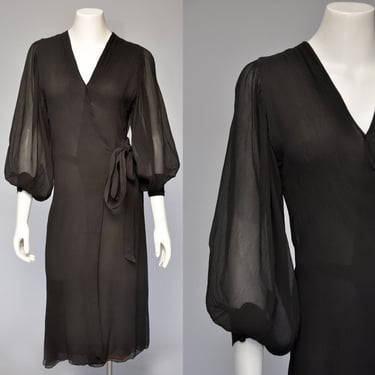 vintage 1930s sheer black wrap dress with balloon sleeves XS/S 