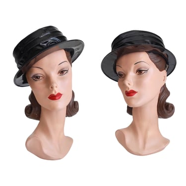 1960s Black Shiny Vinyl Boater Hat - 1960s Black Patent Leather Hat - Vintage Black Vinyl Hat - 1960s Black Boater Hat - 1960s Black Hat 