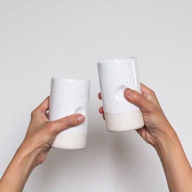 Speckled Ceramic Cup with Thumb Hold - Clay/Pottery - Dimpled Tumbler/Water Glass/Mug - White Glaze - Handmade - Wheel Thrown - Modern 