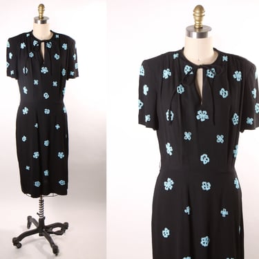 1940s Black and Blue Novelty Beaded Bow Detail Short Sleeve Dress by Eisenberg and Sons Original -M 
