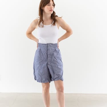Vintage 29 30 Waist Blue French Linen Shorts | Unisex 50s High Rise Button Fly France | 