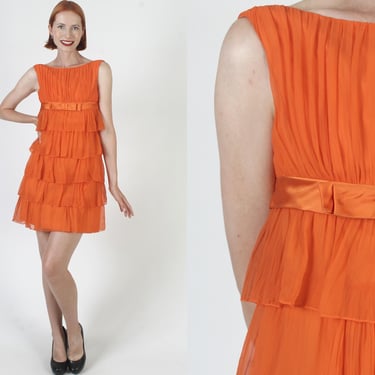 Orange Chiffon Cocktail Party Dress, Vintage 60s Mod Mini, Layered Tiered Wiggle Skirt, High Waisted Scooter Dress 