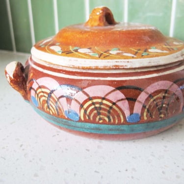 Vintage Mexican Painted Terracotta Small Covered Bowl - Red Clay Pottery Salsa Dip Dish - Salt Cellar Spice Dish Rustic Bohemian Kitchen 