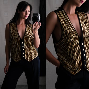 Vintage Lillie Rubin Black Wool Blend Waistcoat Vest w/ Heavy Flat & Floral Solar Gold Studded Design | 1980s Designer Chic Studded Vest Top 