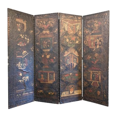 18th Century European Leather Screen in Chinoiserie