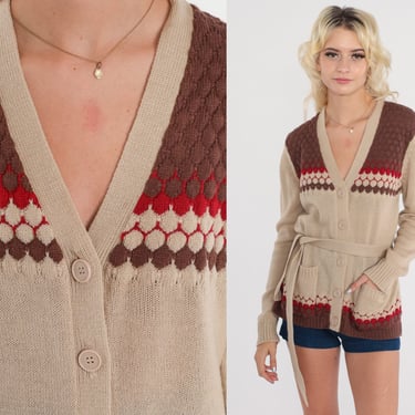Boho Cardigan Sweater 70s Hippie Sweater Tan Brown Red Striped 1970s Bohemian Button Up Textured Belted Sweater Medium 