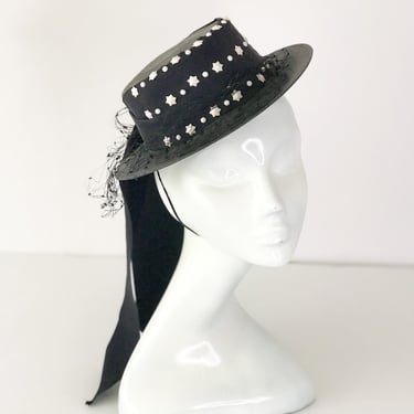Vintage 1940s Straw Sailor Hat with Star Studs - Patriotic Black & White Dainty Fascinator - Unique Cap with Netting Mesh 