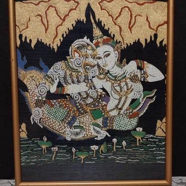 Vintage Thai Silk Painting Ramayana Sita & Hanuman 10x12 